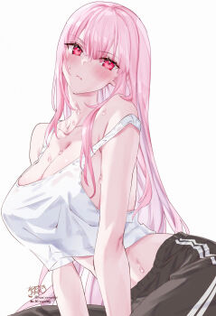 1girl absurdres artist_name bare_shoulders black_pants blush breasts cleavage closed_mouth collarbone highres hololive hololive_english kamiya_maneki large_breasts long_hair looking_at_viewer midriff mori_calliope pants pink_eyes pink_hair pink_lips see-through_silhouette signature simple_background solo strap_slip sweat tank_top track_pants twitter_username virtual_youtuber white_background white_tank_top