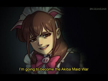 Rule 34 | 1girl, akiba maid sensou, animal ears, artist name, bang dacy, bow, brown eyes, brown hair, dark background, fake animal ears, grin, letterboxed, long hair, looking at viewer, maid, maid headdress, pig ears, pink bow, smile, solo, upper body, wahira nagomi