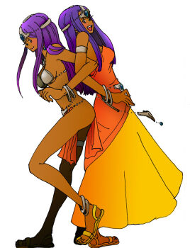 Rule 34 | 2girls, anklet, armlet, armor, asymmetrical dress, bikini armor, blue gem, breasts, commentary request, dark-skinned female, dark skin, dragon quest, dragon quest iv, dress, forehead jewel, from side, full body, gem, jewelry, locked arms, loincloth, long dress, long hair, long sleeves, looking at viewer, manya (dq4), medium breasts, metal bikini, minea (dq4), multiple girls, neko2sally, open mouth, orange dress, orange loincloth, pelvic curtain, profile, purple hair, sandals, siblings, sideboob, single bare shoulder, single sleeve, sisters, smile, standing, teeth, upper teeth only