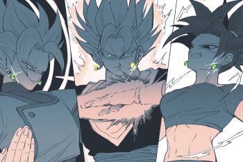 1girl 2boys abs aura black_eyes column_lineup commentary crop_top dougi dragon_ball dragon_ball_super earrings electric_guitar english_commentary fused_zamasu green_eyes guitar halo highres instrument jewelry kefla_(dragon_ball) living_(nsiring) looking_at_another looking_at_viewer multiple_boys ponytail potara_earrings purple_eyes smug spiked_hair super_saiyan toned toned_female toned_male vegetto