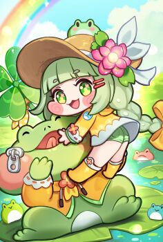 1girl :3 blunt_bangs blush boots bow braid braided_ponytail bright_pupils brown_hat chibi chibi_only clover commentary_request day denim denim_shorts flower flower_in_eye frog full_body green_hair green_shorts hair_bow hair_ornament hairclip hat hat_flower highres hood hood_down hooded_coat korean_commentary lily_pad long_hair looking_at_viewer on_animal open_mouth outdoors parallel_hairclips pink_flower polka_dot polka_dot_ribbon pond rainbow raincoat ribbon ribbon-trimmed_sleeves ribbon_trim rubber_boots short_shorts shorts smile solo sun_hat symbol_in_eye trhisell trickcal ui_(trickcal) water yellow_boots yellow_bow yellow_raincoat yellow_ribbon zipper_pull_tab