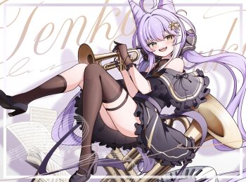 1girl :d ahoge asymmetrical_legwear bare_shoulders black_dress black_gloves black_shoes black_socks black_thighhighs blush braid character_name choppy_bangs commentary_request cone_hair_bun cursive dress fangs flower full_body gloves gyeou_lee hair_bun hair_flower hair_intakes hair_ornament hands_up heterochromia high_heels highres holding holding_instrument holding_trumpet instrument knees_up korean_commentary long_hair looking_at_viewer low_twintails multicolored_eyes musical_note off-shoulder_dress off_shoulder open_mouth purple_hair reclining shadow sheet_music shoes short_dress single_sock single_thighhigh smile socks solo stellive tenko_shibuki thigh_strap thighhighs trumpet twin_braids twintails two-tone_eyes very_long_hair virtual_youtuber white_background