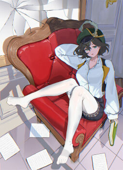 1girl absurdres arm_behind_back arm_up armchair black_shorts black_vest book breasts brown_hair chair chromatic_aberration cleavage collarbone commentary crack cracked_glass full_body green_eyes green_hat hair_between_eyes hat hat_feather highres holding holding_book indoors large_breasts looking_at_viewer maybedrawing mole mole_under_eye newsboy_cap no_shoes on_chair open_clothes open_vest pantyhose paper parted_lips recoleta_(reverse:1999) reverse:1999 shadow shirt short_hair short_shorts shorts sidelocks sitting sitting_sideways solo tile_floor tiles variant_set vest white_pantyhose white_shirt