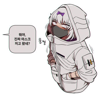 1girl arm_tattoo blush bow commentary_request covered_mouth english_text gloves hair_bow hand_in_pocket highres hood hood_up hoodie jacket kira_(project_moon) korean_commentary korean_text limbus_company looking_at_viewer mask messy_hair misg1111 mouth_mask pouch project_moon purple_bow purple_eyes short_hair simple_background sleeves_rolled_up solo speech_bubble sweat tattoo translated white_background white_gloves white_hair white_hoodie white_jacket