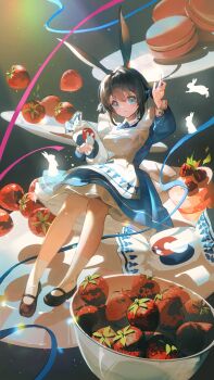 Rule 34 | 1girl, aged down, amiya (arknights), animal ears, ankle socks, apron, arknights, black shoes, blue bow, blue dress, blue eyes, bow, bowl, brown hair, chinese commentary, commentary request, dress, food, fruit, full body, hand up, highres, holding, long sleeves, macaron, official alternate costume, plate, rabbit, rabbit ears, rabbit girl, renyikouminhe, ribbon, shoes, sitting, socks, solo, strawberry, two side up, white rabbit candy, white socks
