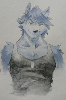 1boy animal_ears bara biceps black_tank_top closed_mouth collarbone dog_boy dog_ears dog_tags furry furry_male grey_fur grey_hair highres jewelry kouya_aotsuki looking_at_viewer male_focus morenatsu muscular muscular_male necklace shirako_(kirupi) smile tank_top upper_body yellow_eyes
