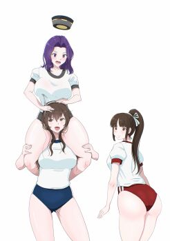 3girls absurdres ashigara_(kancolle) ass back black_hair blush breasts brown_eyes brown_hair buruma carrying carrying_person gym_uniform hair_ribbon hairband highres hiyou_(kancolle) kantai_collection large_breasts long_hair looking_back multiple_girls osage_gankyou ponytail purple_eyes purple_hair red_buruma ribbon short_hair shoulder_carry smile tatsuta_(kancolle) white_background