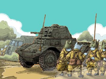 6+boys armored_personnel_carrier armored_vehicle blue_sky cat_boy combat_helmet gun helmet highres machine_gun motor_vehicle multiple_boys original radio_antenna sky tank_turret vehicle_focus weapon wheel yabarn