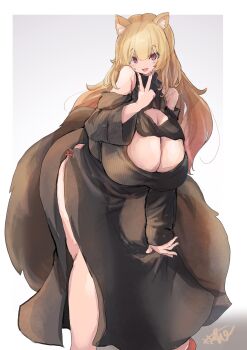 1girl absurdres animal_ear_fluff animal_ears black_dress black_sleeves blonde_hair breasts cleavage cleavage_cutout clothing_cutout curvy detached_sleeves dress fang highres huge_breasts large_tail leaning_forward long_hair open_mouth original pink_eyes pink_nails saamon_(salmonkomaku) skin_fang smile solo standing tail v v_over_mouth white_background wide_sleeves