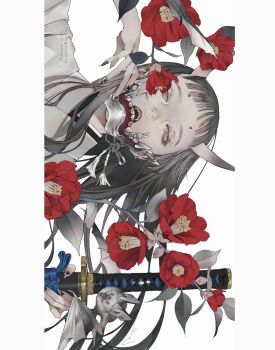 1girl bat_(animal) black_hair flower highres holding holding_knife horns knife open_mouth original red_flower simple_background solo white_background yue_(memento1113)