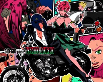 anshamemorand black_hair bruno_bucciarati diavolo dress formal_clothes giorno_giovanna gun highres holding holding_gun holding_weapon jojo_no_kimyou_na_bouken leone_abbacchio motor_vehicle motorcycle narancia_ghirga pink_hair suit trish_una vento_aureo weapon