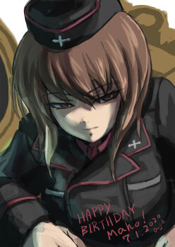 Rule 34 | 1girl, artist name, black hat, black jacket, breasts, brown eyes, brown hair, clenched hands, commentary request, dated, garrison cap, girls und panzer, hair between eyes, happy birthday, hat, hatch, highres, jacket, kuromorimine military uniform, kuroneko douji, large breasts, long sleeves, military, military hat, military jacket, military uniform, military vehicle, motor vehicle, nishizumi maho, on tank, red shirt, shirt, short hair, solo, solo focus, tank, tiger i, upper body
