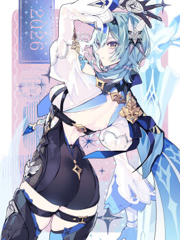 1girl 2026 arm_up ass back backless_outfit black_hairband blue_cape blue_hair blue_necktie boots breasts cape chest_harness clothing_cutout commentary_request eula_(genshin_impact) from_behind genshin_impact hair_ornament hairband harness high-waist_shorts highres karaage_ha_315 looking_at_viewer looking_back medium_breasts medium_hair necktie shorts shoulder_cutout solo thigh_boots white_sleeves wide_sleeves