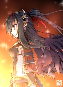 Rule 34 | 1girl, armor, artist name, bird girl, black wings, bodysuit, bow, breastplate, breasts, emil chronicle online, fiery background, fire, from side, gloves, green eyes, hair bow, hair ornament, hair ribbon, houou alma, japanese armor, large breasts, one side up, poporu, red bow, red ribbon, ribbon, shoulder armor, signature, solo, white bodysuit, white gloves, wings