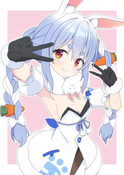 >:) 1girl animal_ear_fluff animal_ears black_gloves black_leotard blue_hair blush border bow braid breasts brown_pantyhose carrot_hair_ornament closed_mouth double_v dress food-themed_hair_ornament fur-trimmed_dress fur-trimmed_gloves fur_trim gloves hair_between_eyes hair_bow hair_ornament highres hololive kaie leotard long_hair multicolored_hair outline pantyhose pink_background rabbit_ears rabbit_girl rabbit_tail red_eyes short_eyebrows small_breasts smile solo strapless strapless_dress strapless_leotard tail thick_eyebrows twin_braids twintails two-tone_hair usada_pekora usada_pekora_(1st_costume) v v-shaped_eyebrows very_long_hair virtual_youtuber white_border white_bow white_dress white_hair white_outline