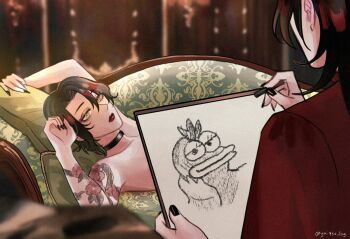 Rule 34 | 1boy, 1girl, arm tattoo, black choker, black hair, blurry, choker, commentary, couch, depth of field, draw me like one of your french girls (meme), drawing (object), dual persona, flower tattoo, genderswap, genderswap (mtf), highres, lipstick, lying, makeup, meme, multicolored hair, nijisanji, nijisanji en, nude, on back, parody, red hair, red lips, shoulder tattoo, signature, streaked hair, tattoo, titanic (movie), twitter username, two-tone hair, virtual youtuber, vox akuma, yellow eyes, yui930