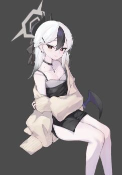 1girl anniu_(user_vemd7787) arm_at_side black_bow black_choker black_dress black_hair black_horns black_nails blue_archive bow breasts bright_pupils cardigan choker cleavage closed_mouth collarbone commentary_request demon_horns demon_wings double-parted_bangs dress ear_piercing earrings feet_out_of_frame fingernails grey_background grey_halo hair_between_eyes hair_bow half_updo halo hand_on_own_arm highres horns invisible_chair jewelry kayoko_(blue_archive) kayoko_(dress)_(blue_archive) long_hair long_sleeves looking_at_viewer mole mole_on_neck multicolored_hair nail_polish official_alternate_costume official_alternate_hairstyle open_cardigan open_clothes piercing purple_wings red_eyes revision short_dress simple_background single_bare_shoulder single_wing sitting sleeveless sleeveless_dress sleeves_past_wrists small_breasts smile solo tsurime two-tone_hair white_hair white_pupils wings yellow_cardigan