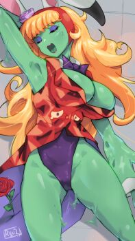 Rule 34 | 1girl, alternate breast size (larger), animal ears, artist request, bare legs, bare shoulders, bishoujo senshi sailor moon, bishoujo senshi sailor moon supers, blonde hair, breasts, candy girl, cleavage, closed eyes, colored skin, covered navel, curvy, demon girl, detached collar, extra eyes, eyelashes, eyeshadow, flower, highleg, highleg leotard, highres, large breasts, legs together, lemures (sailor moon), leotard, licking, long hair, makeup, melting, moaning, open mouth, peropero (sailor moon), playboy bunny, purple leotard, rabbit ears, restrained, revealing clothes, rose, saliva, scene reference, sweat, tears, tongue, tongue out, trembling, very long hair, wavy hair, white wrist cuffs, wrist cuffs