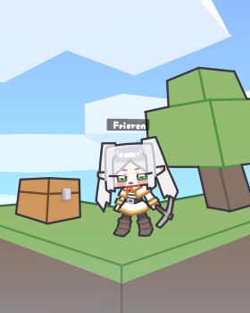 1girl absurdres chibi chibi_only commentary deformed dress english_commentary frieren green_eyes highres ishikoro24 minecraft minecraft_chest minecraft_pickaxe pickaxe sousou_no_frieren white_hair