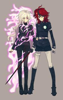 2girls absurdres ahoge armband belt belt_pouch black_boots black_hair black_jacket black_pantyhose black_skirt blue_eyes boots breasts burning buttons chinese_commentary closed_mouth colored_eyelashes commentary commentary_request english_commentary fire full_body genderswap genderswap_(mtf) gloves grey_background hair_between_eyes hair_over_one_eye hand_on_another's_arm highres holding holding_sword holding_weapon jacket knee_boots last_defense_academy_school_uniform long_hair long_sleeves medium_breasts medium_hair miniskirt mixed-language_commentary multicolored_hair multiple_girls one_side_up pantyhose pink_eyes pink_fire pleated_skirt pouch red_hair school_uniform sidelocks skirt sumino_takumi sword the_hundred_line_-last_defense_academy- thigh_strap two-tone_hair weapon white_armband white_belt white_gloves white_hair white_pantyhose xiaozzerxv1234567