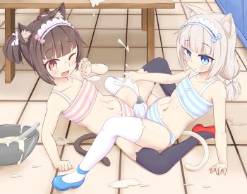 2girls aged_down animal_ear_fluff animal_ear_legwear animal_ears arm_support arm_up black_legwear blue_eyes blue_footwear bow bra brown_eyes brown_hair cat_ear_legwear cat_ear_thighhighs cat_ears cat_girl cat_tail cat_thighhighs chocola_(nekopara) cream eyebrows fang flat_chest food food_on_body food_on_face hair_bow highres keven_(ewdx3754) kodomo_doushi leaning_back legs loli low_twintails maid_headdress matching_underwear mixing_bowl multiple_girls navel nekopara on_floor one_eye_closed open_mouth panties pastry_bag red_footwear ribbon sexually_suggestive shoes short_hair short_twintails siblings sisters sitting slit_pupils smile spread_legs striped_bra striped_clothes striped_panties suggestive_fluid table tail thighhighs thighs tile_floor tiles training_bra twins twintails two-tone_bra two-tone_panties two-tone_stripes underwear underwear_only vanilla_(nekopara) white_legwear yuri