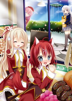 +_+ 4girls :d :o ^_^ absurdres afterimage ahoge amairo_islenauts animal_ears ayachi_nene bag bakery beret between_breasts black_corset black_jacket black_thighhighs blonde_hair blue_eyes blue_sky blush bread breasts chocolate_donut closed_eyes commentary_request company_connection corset cowboy_shot crossover day donut drooling excited floating_island flower food grey_hair grey_skirt hair_between_eyes hair_flower hair_ornament hair_over_shoulder hair_ribbon hands_up hat highres holding holding_bag indoors interlocked_fingers jacket jitome kouyou_minami lace lace-trimmed_skirt lace_trim large_breasts long_hair long_sleeves looking_at_another looking_at_food masaki_gaillard medium_hair miniskirt mitsukasa_ayase motion_lines mouth_drool multiple_girls necktie necktie_between_breasts nose_blush notice_lines one_side_up open_clothes open_jacket open_mouth own_hands_together partial_commentary peeking pink_flower pink_hair plaid_clothes plaid_skirt pleated_skirt purple_eyes red_hair red_hat red_jacket red_ribbon red_skirt ribbon riddle_joker sanoba_witch school_uniform serafuku shirley_warwick shirt shop shopping_bag skirt sky smile straight_hair tail tail_raised tail_wagging tanezaki_atsumi tareme thighhighs very_long_hair voice_actor_connection white_shirt window wolf_ears wolf_girl wolf_tail x_hair_ornament yellow_necktie yuzusoft zettai_ryouiki