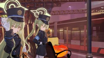 Rule 34 | 2girls, :d, absurdres, armband, backpack, bag, belt, bench, black bag, black belt, black hat, black jacket, black shorts, black tail, blue archive, blue armband, blush, buttons, calligraphy, chinese commentary, closed mouth, commentary request, demon girl, double-breasted, fang, gloves, green hair, green halo, guanhuvu, hair between eyes, halo, hand on own hip, hand up, hat, highres, hikari (blue archive), holding, ink, ink on face, jacket, lantern, long hair, long sleeves, looking at viewer, multiple girls, nozomi (blue archive), open mouth, pantyhose, paper lantern, peaked cap, pointy ears, shorts, siblings, sidelocks, sisters, skin fang, smile, train, train station, twins, twintails, very long hair, waving, white gloves, white pantyhose, yellow eyes