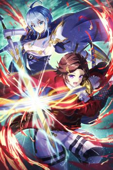 Rule 34 | 1girl, absurdres, ahoge, androgynous, antenna hair, belt, blue cape, blue eyes, blue hair, breasts, brown hair, cape, commentary request, crossed swords, eiryu33, final fantasy, final fantasy brave exvius, fire, gloves, gold trim, hair between eyes, highres, holding, holding sword, holding weapon, jacket, medium breasts, pants, purple eyes, red cape, red jacket, sword, war of the visions: final fantasy brave exvius, weapon, white gloves, white pants