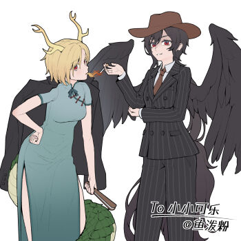 Rule 34 | 2girls, alternate costume, antlers, artist name, between fingers, black hair, black jacket, black pants, black wings, blonde hair, breasts, breath weapon, breathing fire, brown hat, china dress, chinese clothes, cigarette, collared shirt, commentary request, commission, cowboy hat, crossdressing, crossdressing (ftm), dragon girl, dragon horns, dragon tail, dress, feathered wings, fire, folded fan, folding fan, formal clothes, gradient clothes, gradient dress, green dress, green scales, hand fan, hand on own hip, hat, highres, holding, holding cigarette, holding fan, horns, horse tail, jacket, jacket on shoulders, kicchou yachie, kurokoma saki, lighting cigarette, long sleeves, looking at viewer, medium breasts, multiple girls, mundane utility, necktie, pants, pelvic curtain, red eyes, red necktie, shirt, short hair, short sleeves, side slit, simple background, small breasts, smile, suit, suit jacket, tail, touhou, white background, white shirt, wings, youpofen
