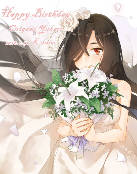 Rule 34 | 1girl, artist name, bare shoulders, black hair, blush, bouquet, breasts, bridal veil, character name, closed mouth, commentary request, dated, dress, falling petals, flower, flower request, hair flower, hair ornament, hair over one eye, hands up, happy birthday, highres, holding, holding bouquet, kumin (6939359), large breasts, long hair, looking at viewer, one eye covered, origami yukari, petals, red eyes, rose, smile, solo, standing, strapless, strapless dress, toji no miko, veil, very long hair, wedding dress, white dress, white flower, white rose