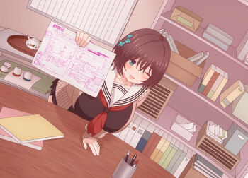 1girl :d aqua_eyes arm_up black_shirt black_skirt blush book bookshelf breasts brown_cardigan brown_hair butterfly_hair_ornament cardigan choumai_sui collarbone commentary_request cup dot_nose dutch_angle hair_ornament hand_on_table highres holding holding_paper indoors large_breasts leaning_forward looking_at_viewer nandome_ka_no_hajimemashite neckerchief one_eye_closed open_mouth paper pen pleated_skirt red_neckerchief sailor_collar school_uniform serafuku shirt short_hair skirt smile solo table tea_set tsukioli white_sailor_collar window_blinds