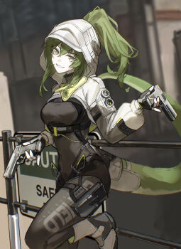 1girl :d arknights arknights:_endfield black_bodysuit black_gloves blurry blurry_background bodysuit boots breasts clothing_cutout day depth_of_field dual_wielding english_text fingerless_gloves fluorite_(arknights) genieko gloves green_eyes green_hair grin gun highres holding holding_gun holding_weapon hood hood_up knee_boots leg_up long_hair long_sleeves looking_at_viewer medium_breasts open_mouth outdoors parted_lips ponytail shrug_(clothing) sign smile snake_tail solo standing standing_on_one_leg tail tail_through_clothes weapon white_boots