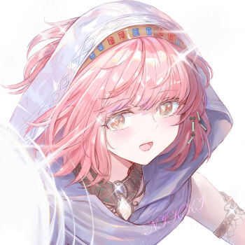 1girl armlet brown_eyes character_name cloak commentary conghua_jiang energy_ball english_commentary eyelashes glint gold_armlet gold_necklace hair_through_hood happy highres hood hood_up hooded_cloak infinity_nikki jewelry light_blush looking_at_viewer necklace nikki_(nikki) nikki_(series) pink_hair purifying_wind_(infinity_nikki) short_hair simple_background solo sparkle upper_body white_background white_cloak