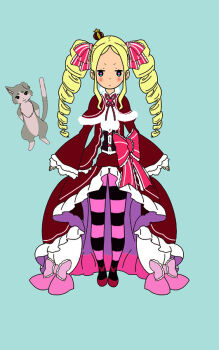 1girl :3 animal beatrice_(re:zero) blonde_hair blue_background blue_eyes blush bow butterfly-shaped_pupils capelet cat crown dress drill_hair frilled_dress frills fur-trimmed_capelet fur_trim grey_fur hair_ribbon long_hair long_sleeves looking_at_viewer mini_crown neko_no_kimagure pantyhose pink_bow pink_pantyhose pom_pom_(clothes) puck_(re:zero) re:zero_kara_hajimeru_isekai_seikatsu red_capelet red_dress red_ribbon red_shoes ribbon shoes standing striped_clothes striped_pantyhose symbol-shaped_pupils twin_drills wide_sleeves