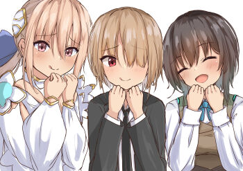 3girls :d :q ^_^ aoi_erika black_hair black_necktie black_suit blonde_hair blush clenched_hands closed_eyes closed_mouth collared_shirt commentary commission eyes_visible_through_hair facing_viewer formal_clothes furrowed_brow hair_between_eyes hands_up heaven_burns_red highres kayamori_ruka long_bangs long_hair long_sleeves looking_at_viewer low_ponytail medium_hair multiple_girls necktie one_eye_covered open_mouth pink_eyes ponytail puffy_long_sleeves puffy_sleeves red_eyes shirakawa_yuina shirt short_hair side-by-side sidelocks simple_background smile suit tatika714 teheperinko_(heaven_burns_red) tehepero tongue tongue_out upper_body white_background white_shirt