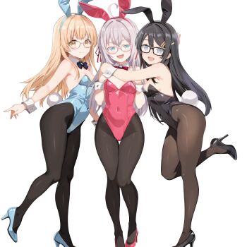 3girls absurdres ahoge alisa_mikhailovna_kujou bespectacled black-framed_eyewear black_gloves black_hair black_leotard black_thighhighs blue_eyes blue_thighhighs breasts brown_eyes brown_hair cleavage closed_mouth collarbone commentary_request covered_navel curvy detached_collar elbow_gloves garter_belt garter_straps glasses gloves grey_hair hair_between_eyes highleg highleg_leotard highres hug leotard long_hair looking_at_viewer medium_breasts multiple_girls open_mouth otonari_no_tenshi-sama_ni_itsu_no_mani_ka_dame_ningen_ni_sarete_ita_ken partial_commentary pink-framed_eyewear pink_gloves pink_leotard pink_thighhighs playboy_bunny sakurajima_mai seishun_buta_yarou shiina_mahiru_(otonari_no_tenshi-sama) simple_background smile thighhighs tokidoki_bosotto_roshia-go_de_dereru_tonari_no_alya-san white_background white_gloves white_leotard white_thighhighs yakkom yellow-framed_eyewear