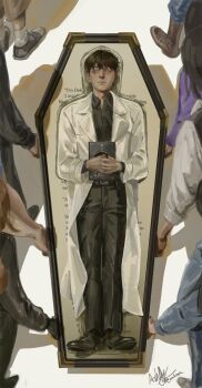 1boy 6+others absurdres black_hair black_shirt book carrying character_request check_character closed_eyes coat coffin collared_shirt commentary corpse english_commentary english_text from_above full_body han_sooyoung hand_on_own_stomach highres holding jung_heewon kim_dokja lee_gilyoung lee_hyunsung lee_jihye lying multiple_others official_art_inset omniscient_reader&#039;s_viewpoint on_back open_clothes open_coat out_of_frame shin_yoosung shirt short_hair umbrvx white_coat yoo_joonghyuk yoo_sangah