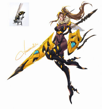 1girl armor bee_costume bikini_armor bodysuit breasts brown_hair citemer eyeliner highres lance long_hair makeup medium_breasts original polearm shield solo wasp weapon
