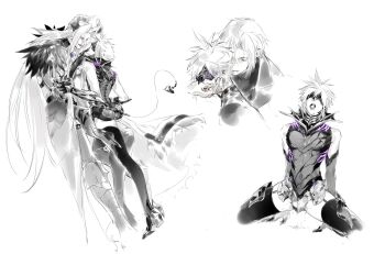2boys adapted_costume ascot ass boots chinese_commentary cloud_strife cloud_strife_(bahamut_garb) coat commentary_request covered_eyes cum cumdrip elbow_gloves feather_trim final_fantasy final_fantasy_vii final_fantasy_vii_ever_crisis full_body fur-trimmed_coat fur_trim garter_straps gem gloves glowing_clothes greyscale hair_intakes hand_on_another&#039;s_chin high_collar high_heels highres horns knee_boots knee_up kneeling leg_between_thighs leotard long_bangs long_hair long_sleeves looking_at_another looking_down looking_up lydiaaa male_focus mask monochrome multiple_boys multiple_views official_alternate_costume open_mouth parted_bangs purple_gemstone saliva see-through_clothes sephiroth sephiroth_(dark_harbinger) sephiroth_(ever_crisis) short_hair sleeveless smile spiked_hair spot_color spread_legs tail thigh_strap thighhighs time_paradox toned toned_male tongue tongue_out very_long_hair white_background yaoi