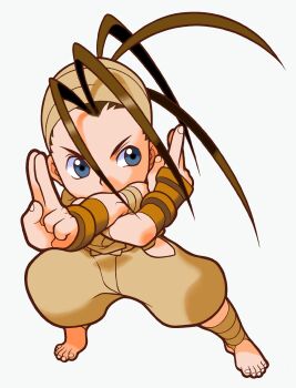 1girl ankle_wrap antenna_hair bandages bandana barefoot blue_eyes brown_hair chibi clothing_cutout dougi fighting_stance game_cg highres hip_vent ibuki_(street_fighter) kuji-in legs_apart maeda_shima mask mouth_mask ninja ninja_mask non-web_source official_art pocket_fighter sideways_glance simple_background solo street_fighter white_background