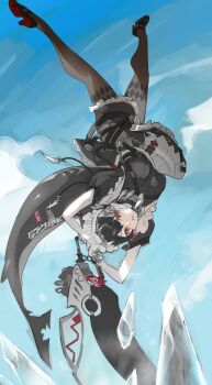 1girl battle black_dress black_hair black_pantyhose black_shoes blue_sky breasts dress ellen_joe fins fish_tail full_body highres holding holding_weapon lollipop_in_mouth maid maid_headdress meameeea medium_breasts monster_girl oversized_object pantyhose parted_lips red_eyes scissors shark_girl shark_tail shoes sky solo tail upside-down weapon zenless_zone_zero