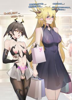 1boy 1girl :o :s arknights arms_at_sides ayerscarpe_(arknights) bag bandeau bare_arms bare_shoulders black_bandeau black_bridal_gauntlets black_choker black_thighhighs blonde_hair blue_eyes blurry blurry_background blush breasts bridal_gauntlets brown_hair brown_hiphighs cable character_request chastity_cage chinese_text choker collarbone commentary_request covered_erect_nipples covered_navel covered_penis cup disposable_coffee_cup disposable_cup dress earrings exhibitionism eyeshadow fake_horns feminization flat_chastity_cage furrowed_brow futa_with_male futanari gins_hanee hair_between_eyes hair_ears hair_piercing hairband hands_up height_difference highres hiphighs holding holding_bag holding_cup horn_hairband horns implied_urethral_insertion indoors jewelry large_breasts lightning_bolt_earrings lightning_bolt_symbol long_hair long_sidelocks looking_at_another makeup miniskirt navel nipple_piercing nipple_rings nipples open_mouth parted_lips piercing pointy_ears pubic_tattoo_through_clothing public_indecency puffy_male_chest purple_dress red_eyeshadow revealing_clothes ring_piercing see-through_clothes see-through_dress see-through_skirt shopping shopping_bag short_dress short_hair shorter_male side-by-side sidelocks skirt small_chastity_cage teeth testicles thighhighs trap upper_teeth_only very_long_hair walking white_skirt yellow_eyes zipper