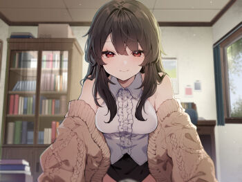 1girl black_hair black_shorts blurry blurry_background blush book bookstore box breasts brown_sweater calendar_(object) cardboard_box ceiling collared_shirt curtains desk hair_between_eyes highres ikeuchi_tanuma indoors long_hair looking_at_viewer medium_breasts original red_eyes shelf shirt shop shorts sidelocks sleeveless sleeveless_shirt smile solo sweater white_shirt window