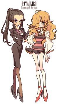 2girls ahoge aqua_eyes arm_across_waist arm_at_side bad_id bad_pixiv_id black_hair black_jacket black_nails black_shoes black_skirt blonde_hair blue_eyes blush breasts character_name cigarette collared_shirt commentary copyright_name curtained_hair expressionless eyelashes eyeshadow forehead formal_clothes full_body genderswap genderswap_(mtf) hand_on_own_hip hand_up high_heels high_ponytail highres jack_barbarosa_bancoran jacket kneehighs long_hair long_sleeves looking_at_viewer makeup maraich_juschenfe medium_breasts meremero miniskirt multiple_girls necktie pale_skin pantyhose patalliro! pencil_skirt pink_vest pinstripe_pattern pinstripe_shirt ponytail puffy_long_sleeves puffy_sleeves purple_eyeshadow purple_shirt red_shoes shirt shoes simple_background skirt skirt_suit smile smoking socks stiletto_heels strappy_heels striped_clothes striped_vest suit suit_jacket very_long_hair vest wavy_hair white_background white_necktie white_shirt white_socks widow's_peak