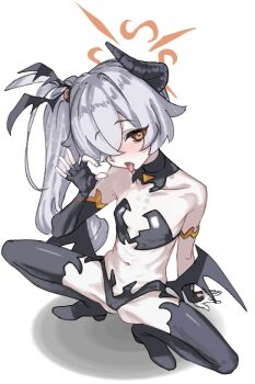 1girl alternate_costume arm_behind_back asymmetrical_gloves bikini black_bikini black_gloves blue_archive boots brown_halo demon_horns demon_wings detached_collar elbow_gloves eyeball_hair_ornament fellatio_gesture fingerless_gloves flat_chest full_body gloves grey_hair hair_over_one_eye halo horns kanoe_(blue_archive) long_hair looking_at_viewer mismatched_gloves multicolored_eyes ok_sign open_mouth oral_invitation samesann sexually_suggestive side_ponytail single_horn solo spread_legs squatting strapless strapless_bikini swimsuit thigh_boots tilted_halo tongue tongue_out two-tone_eyes wings