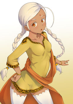 1girl :o bindi bracelet braid brown_eyes dark-skinned_female dark_skin dreadnought_(tcg) dress facial_mark female_focus forehead_mark gradient_background hand_on_own_hip highres indian_clothes jewelry long_hair solo thighhighs tokiwa_shanti toriatto_gununu twin_braids white_hair