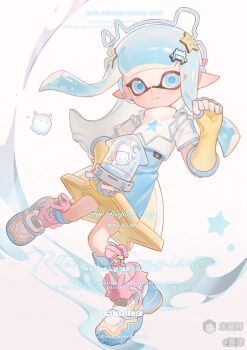 Rule 34 | 1girl, absurdres, blue eyes, blue hair, blue nails, blue shoes, blue skirt, closed mouth, commission, fingerless gloves, floating hair, full body, gloves, hair ornament, highres, inkling, inkling girl, inkling player character, kneehighs, long hair, looking at viewer, mihuashi 506932, mihuashi commission, mihuashi logo, multicolored shoes, nail polish, nintendo, pointy ears, shirt, shoes, short sleeves, skirt, smile, socks, solo, splatoon (series), standing, star (symbol), star hair ornament, star in eye, symbol in eye, tentacle hair, two-tone skirt, watermark, white shirt, white shoes, white socks, yellow gloves, yellow shoes, yellow skirt