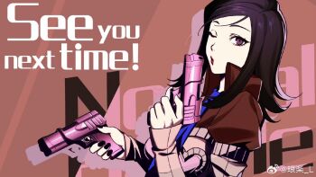 1girl all-out_attack amano_maya black_hair blowing cute_weapon dual_wielding english_text gun handgun highres holding holding_gun holding_weapon langle_l long_sleeves looking_at_viewer necktie one_eye_closed persona persona_2 pink_gun popped_collar puffy_sleeves red_lips short_hair watermark weapon weibo_watermark
