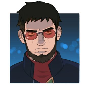 Rule 34 | 1boy, beard, blue background, blue jacket, brown hair, closed mouth, facial hair, glasses, high collar, ikari gendou, jacket, jbbetz, looking at viewer, male focus, nose, portrait, red-tinted eyewear, red shirt, shirt, solo, tinted eyewear, white background, yellow eyes