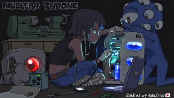 1girl animated animated_gif artist_name backpack bag belt black_hair blue_eyes breasts cellphone closed_mouth commentary computer copyright_name dark_skin dated del-chan earbuds earphones english_commentary english_text eyes_(nuclear_throne) holding indian_style japanese_flag laptop medium_breasts monster nuclear_throne pants phone profile robot_(nuclear_throne) rogue_(nuclear_throne) screwdriver shirt short_hair sideways_mouth sitting sleeveless sleeveless_shirt smartphone